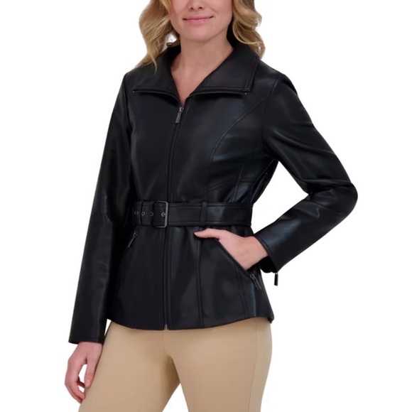 Kenneth Cole Women's Belted Faux Leather Jacket - Picture 2 of 14